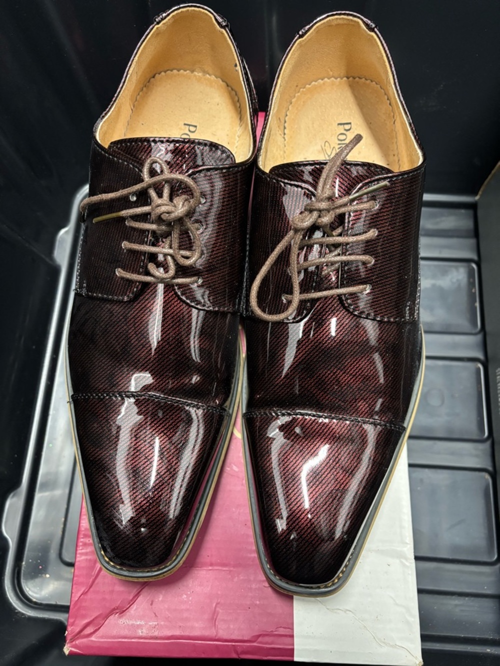Men's Burgundy Patent Derby Shoes - Polished Lace-Up (M)
